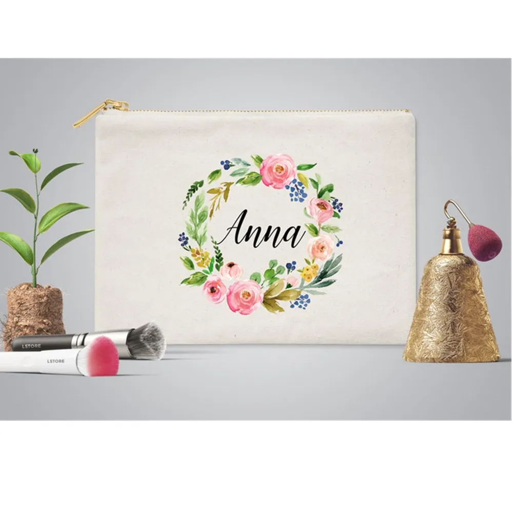 canvas floral make up bag personalised greenery Bridesmaid Cosmetic Bag Pouch Makeup Bag hen party Toiletry bag flower girl gift