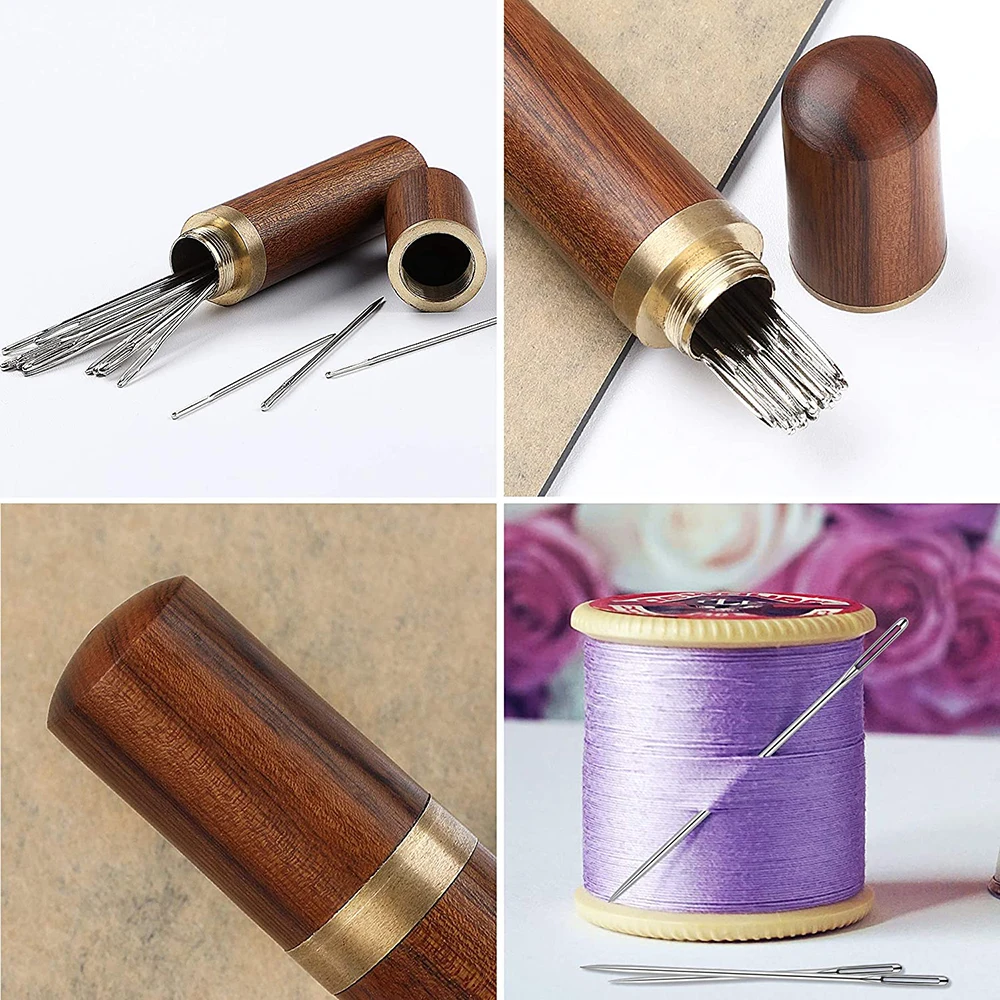 25PCS Large Eye Stitching Needles 5 Sizes Stainless Steel Hand Sewing Needles Sharp Embroidery Needle with Wooden Needle Case