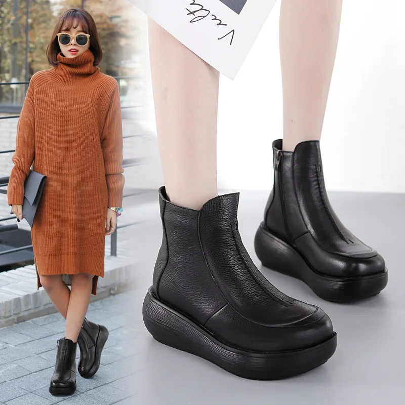 Xiuteng 2022 New Genuine Leather Women Flat Shoes Woman Vintage Style Winter Casual Platform Shoes Thick bottom boots Women