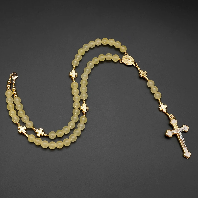 Citrine matrimonio Virgen María Rosa Rosario reliquia católica corpulenta católica cristal cruz de Jesús collar joyería religiosa regalos