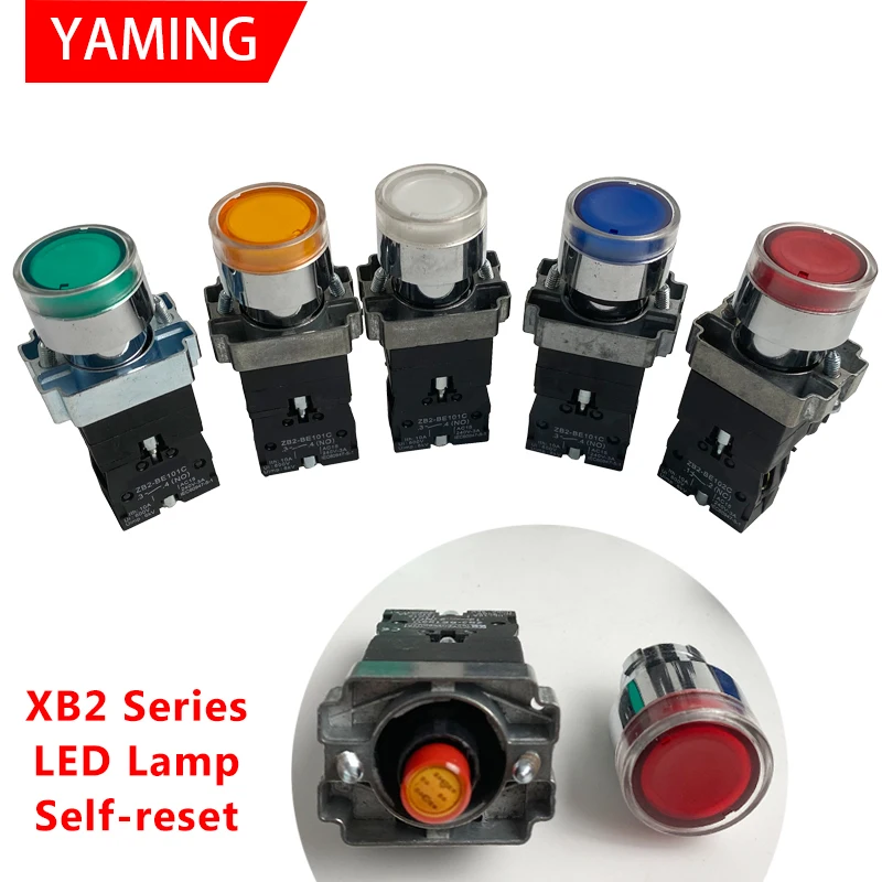 22mm XB2 Series Momentary Self-Rest Type Flat Round Push Button Switch XB2-BW3361C With LED Light NO NC 24V/AC220V/AC380V