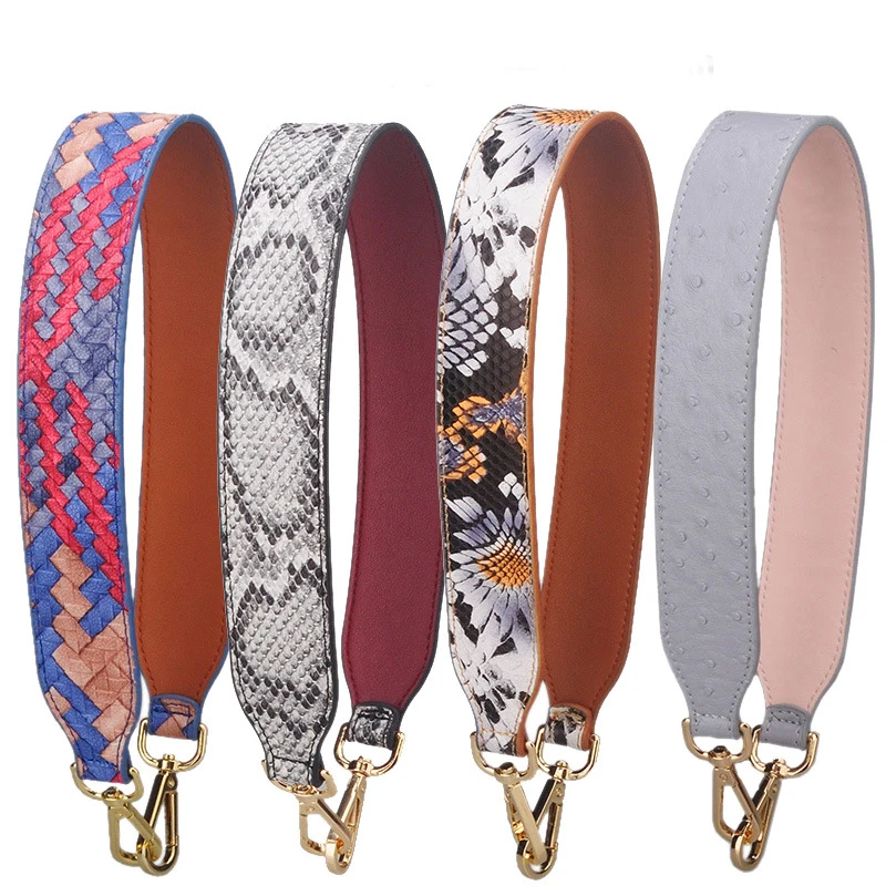 Fashion Serpentine Bag Belt snakeskin Print Bag Strap PU Leather Female Bag Handles Purse Strap Solid Color Gold Buckle Belt