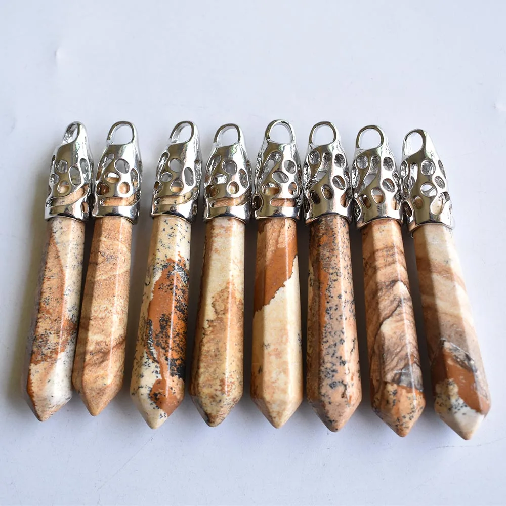 

Wholesale 10pcs/lot Fashion good quality natural picture stone Hexagonal pillar charms pendants 12x50mm for jewelry making