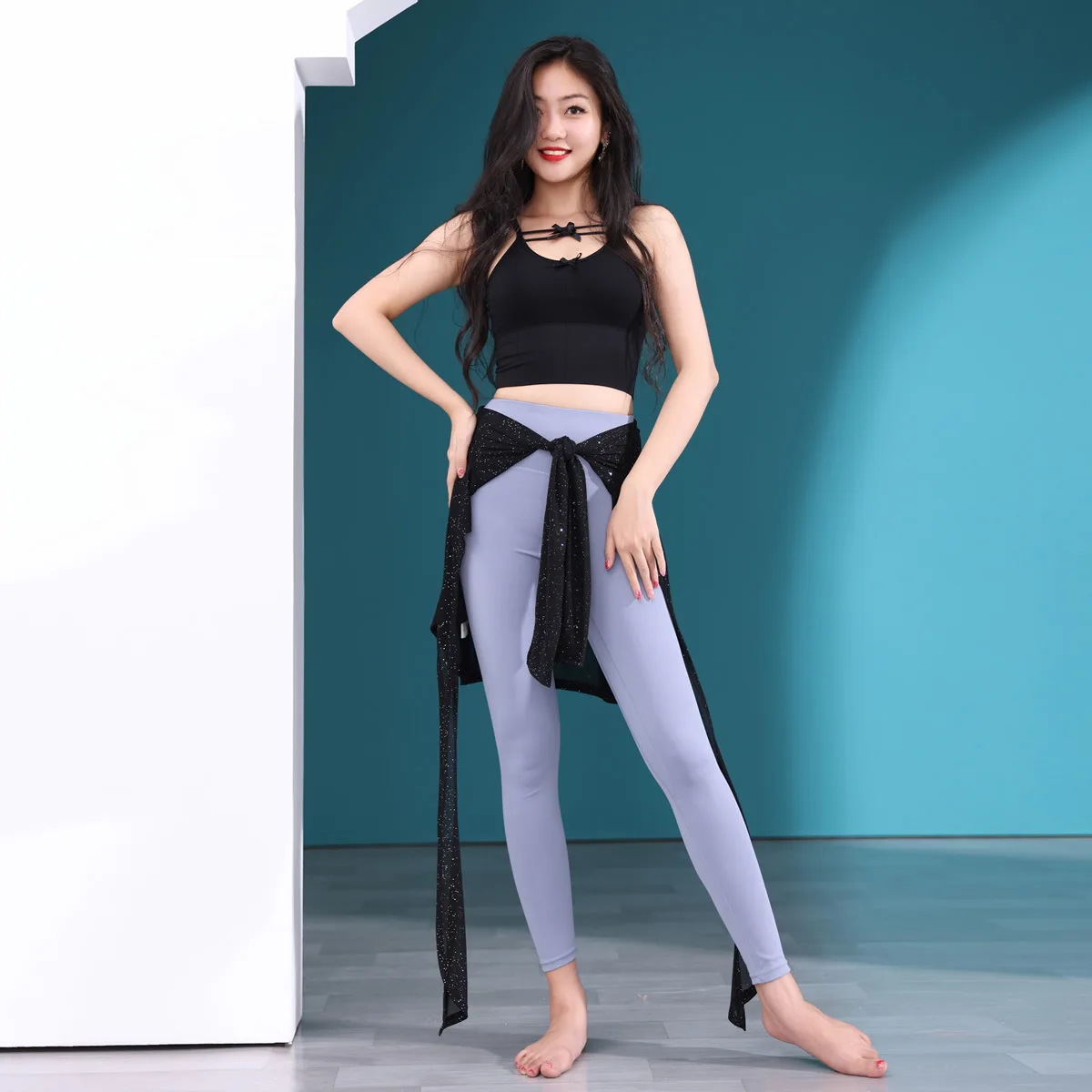 Women Dance Accessories Practice Pants Elastic Long Leggings Classic Tights Yoga Pantalones Push Up with Hip Scarf Wrap Skirts