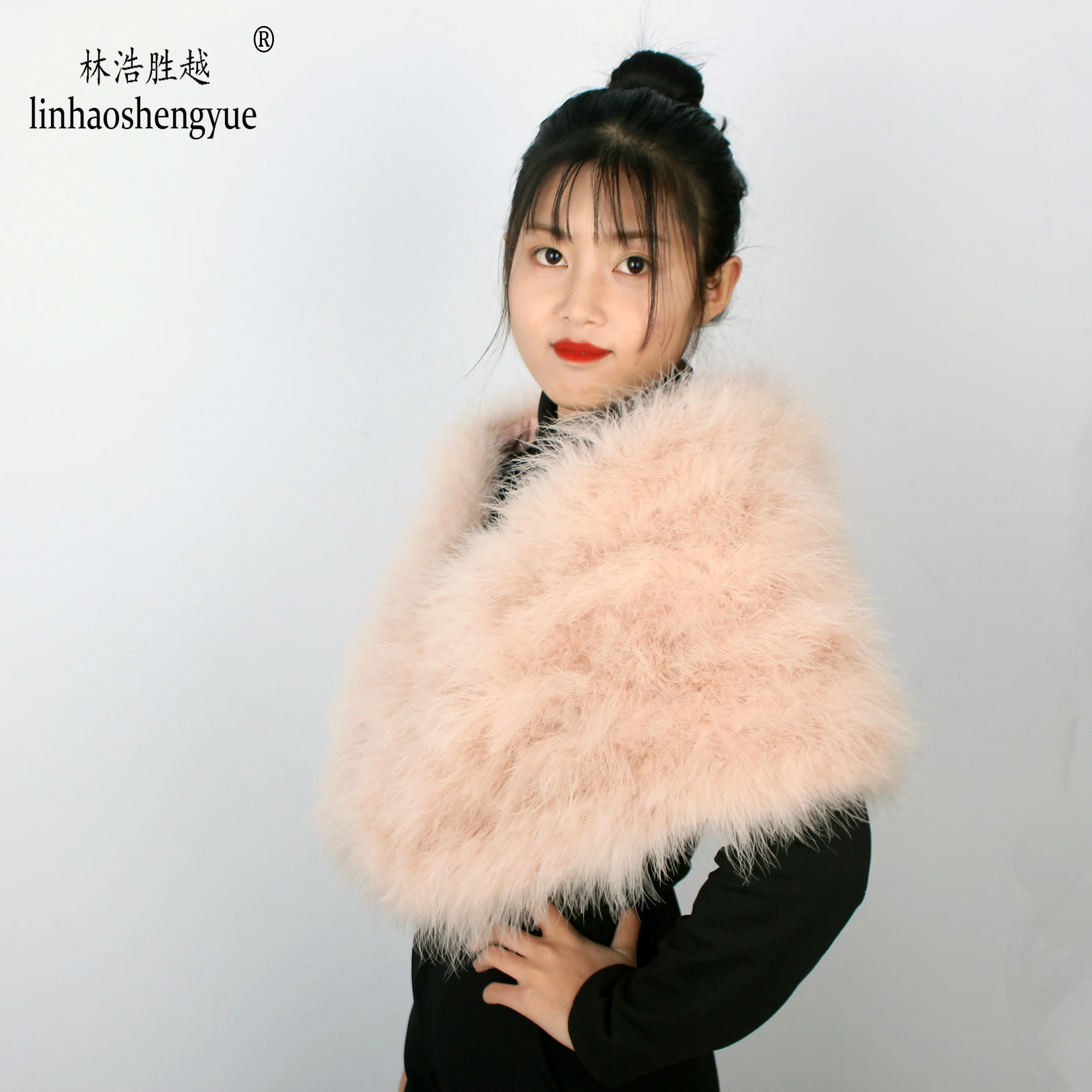 Linhaoshengyue Fashion Ostrich Fur Small Shawl of Length 120cm