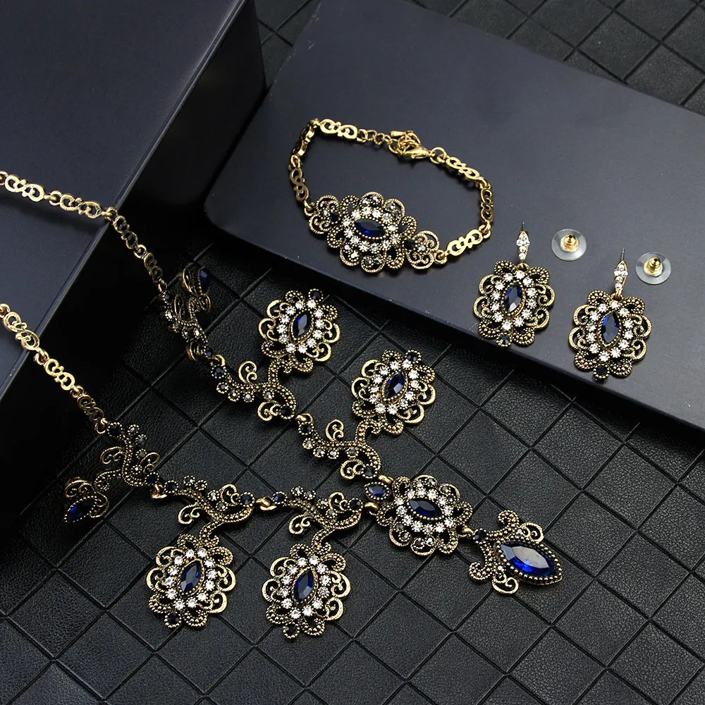 Sunspicems 2021 Vintage Turkish Flower Earring Necklace Bracelet Wedding Jewelry Set for Women Antique Gold Color Party Gift