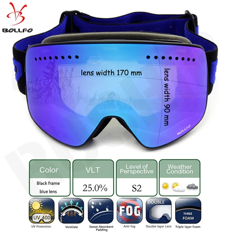 BOLLFO Men Women Snowmobile Spectacles Brand Magnetic Ski Glasses Double Lens Mountaineering Glasses UV400 Anti-Fog Ski Goggles