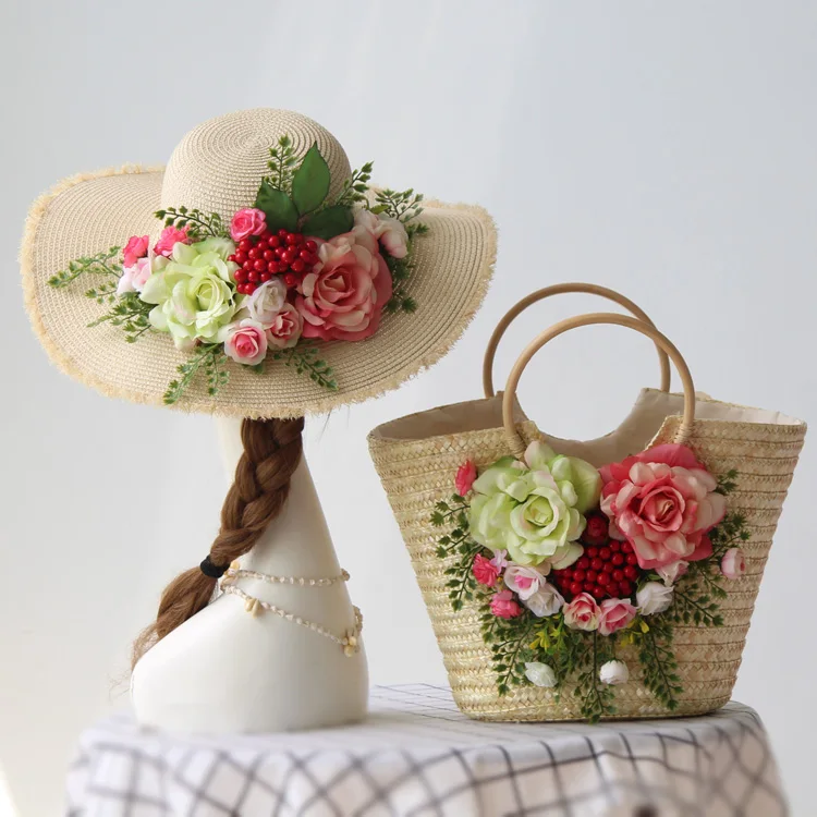 Original Design Women Fashion Summer Rattan Beach Bag Hat Set Multicolor Artificial Flower Weave Straw Tote Handbag Vacation