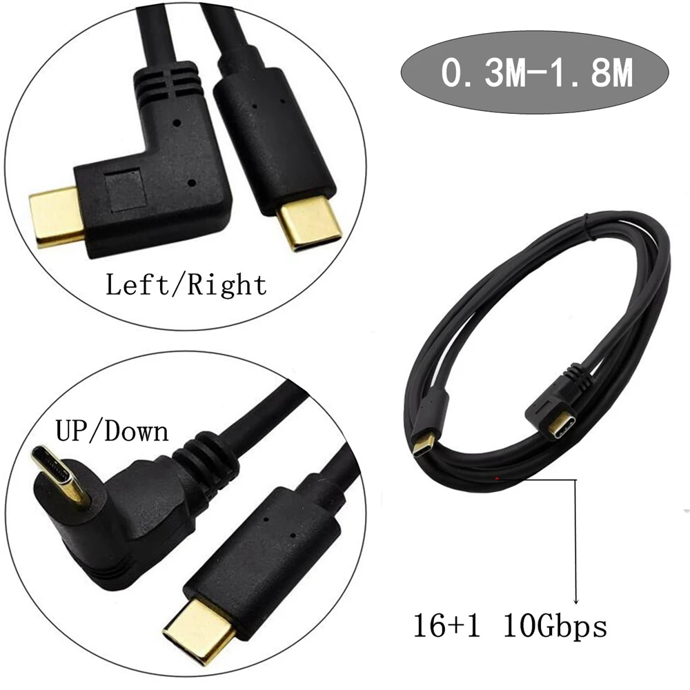 Gold – câble d'extension de données à 90 degrés, USB 0,3, type-c, réversible, mâle à 0,6, 1,8 m, 3,1 m, 1 m, USB-C m