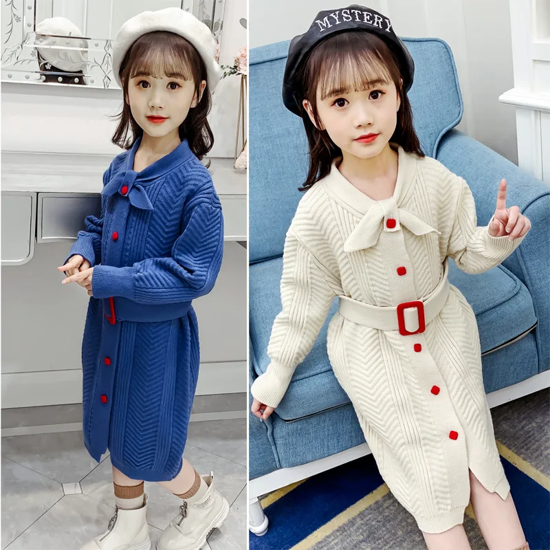 Girls Sweater Dress 2023 Autumn Winter Cardigan Long Sweater Button Belt Kids Clothes Fashion Casual Dress Child 8 10 12 Years