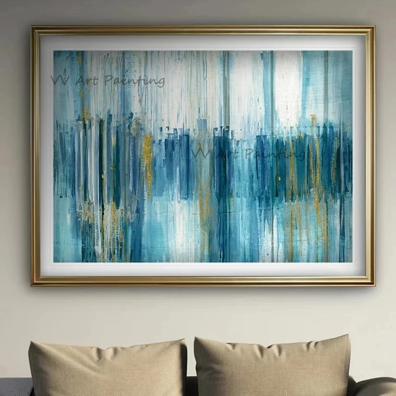 Coastal Canvas Art,Handmade Thick Texture Oil Painting,Blue Waterfall Brushstroke Art,Bedroom Entry Decor Unframed
