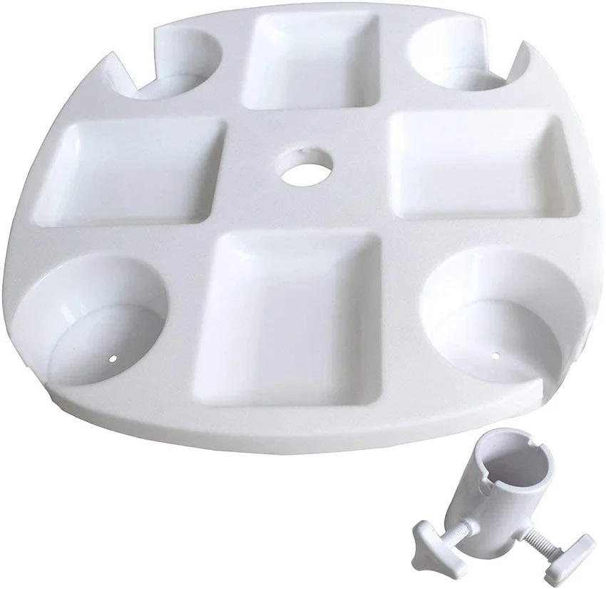 Bandeja plástica redonda com porta-copos, mesa de guarda-chuva de praia, copos para jardim, piscina, mobília do pátio