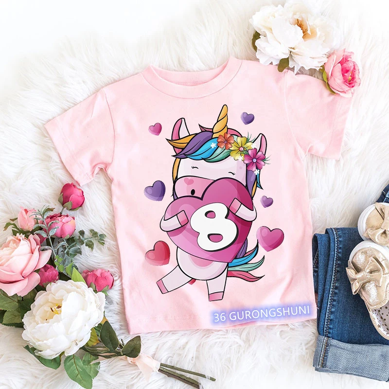 

Kawaii Girls Tshirts 4-15 Years Old Birthday Digital Unicorn Cartoon Print Baby Tshirts Fashion Harajuku Girl Birthday Costume