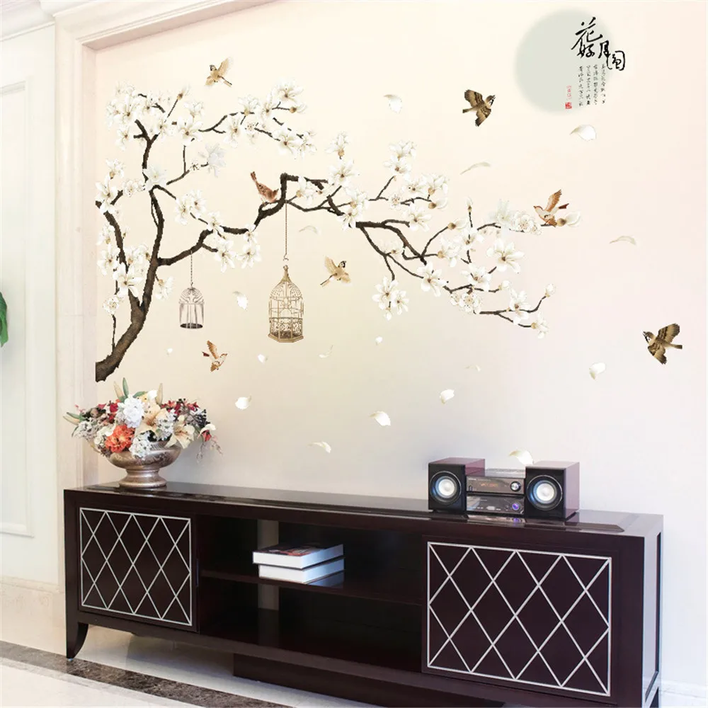 Retro Flower Moon Chinese Style Wall Stickers Living Room Sofa/TV Background Decoration Decals Art Poetry Self-adhesive Mural