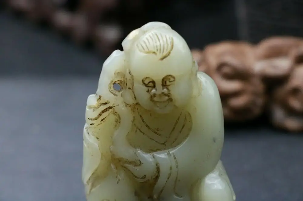 Big Treasure Chinese Vintage Hetian Jade Lucky Boy w RUYI FISH Totem Carving Amulet Timestown