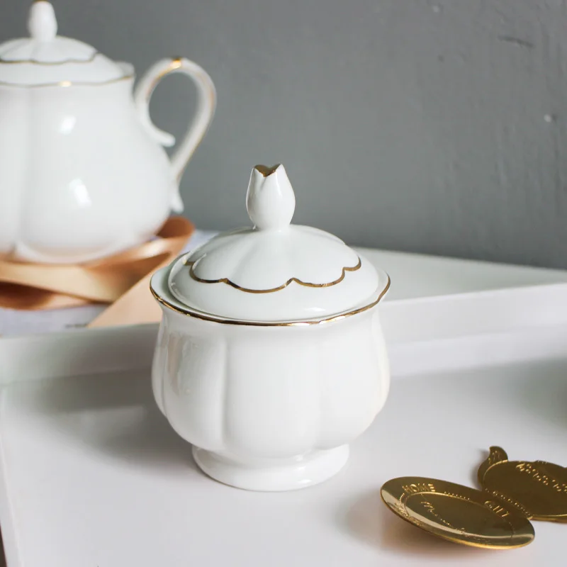 Sugar Bowl with Lid, Milk Jug, Bone China, Family Cafe, Coffee Shop Set, Gold Line Sauce Creamer Pot, Candy Jar, Modern Fashion