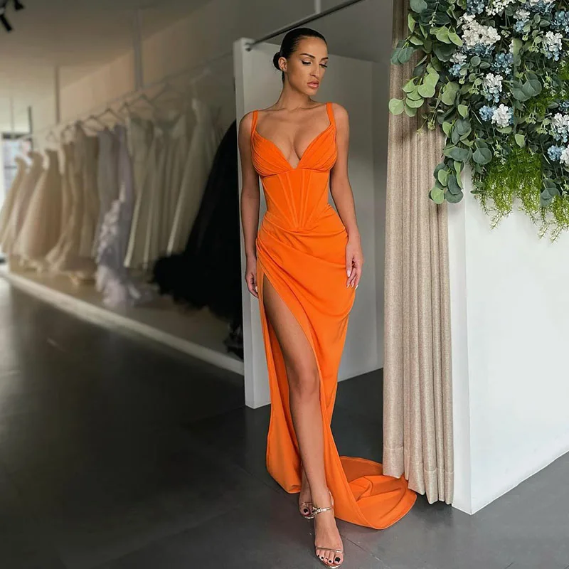 Sexy Orange/Gold Mermaid Long Satin Evening Dress V-neck Straps Split Prom Party Gowns Celebrity Wear Robe De Soiree Customized