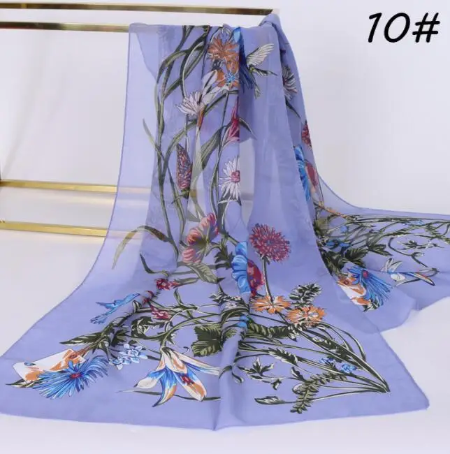 Chiffon Floral Elegant Scarves Silk Scarf Fashion Women Flower Printed Long Soft Wrap Scarf Simulation Silk Shawl Beach Scarf