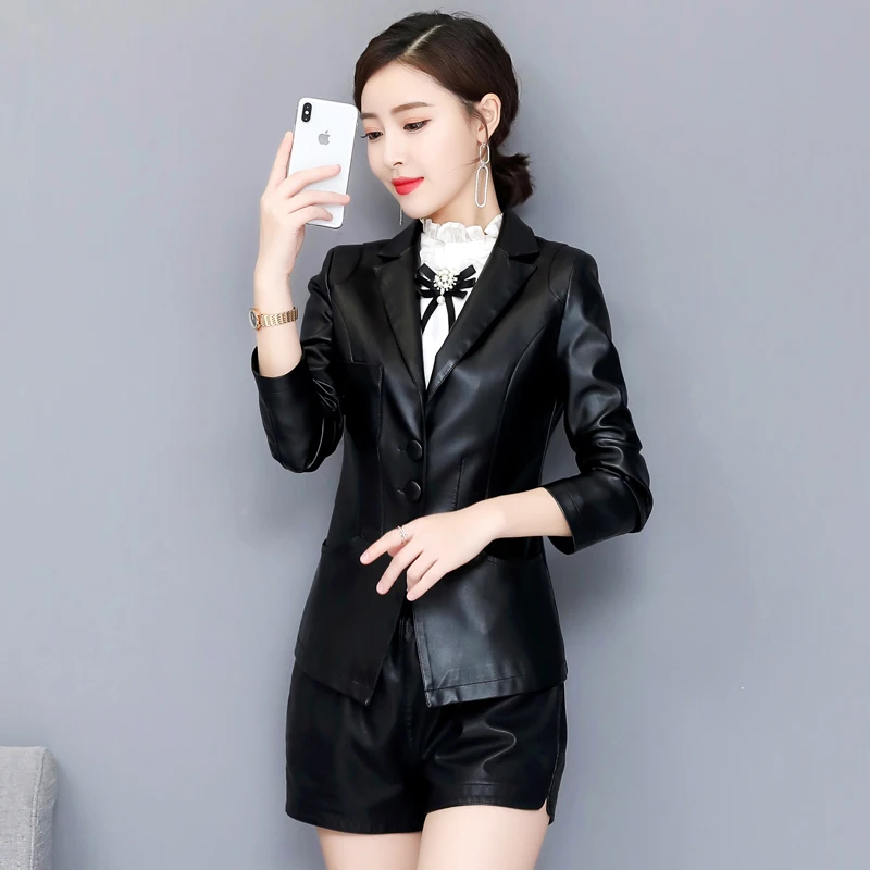 Hot 2023 Spring New Genuine Leather Jacket Female Short Korean Slim Suit Collar Sheepskin Blazer Coat Women Small Overcoat Trend