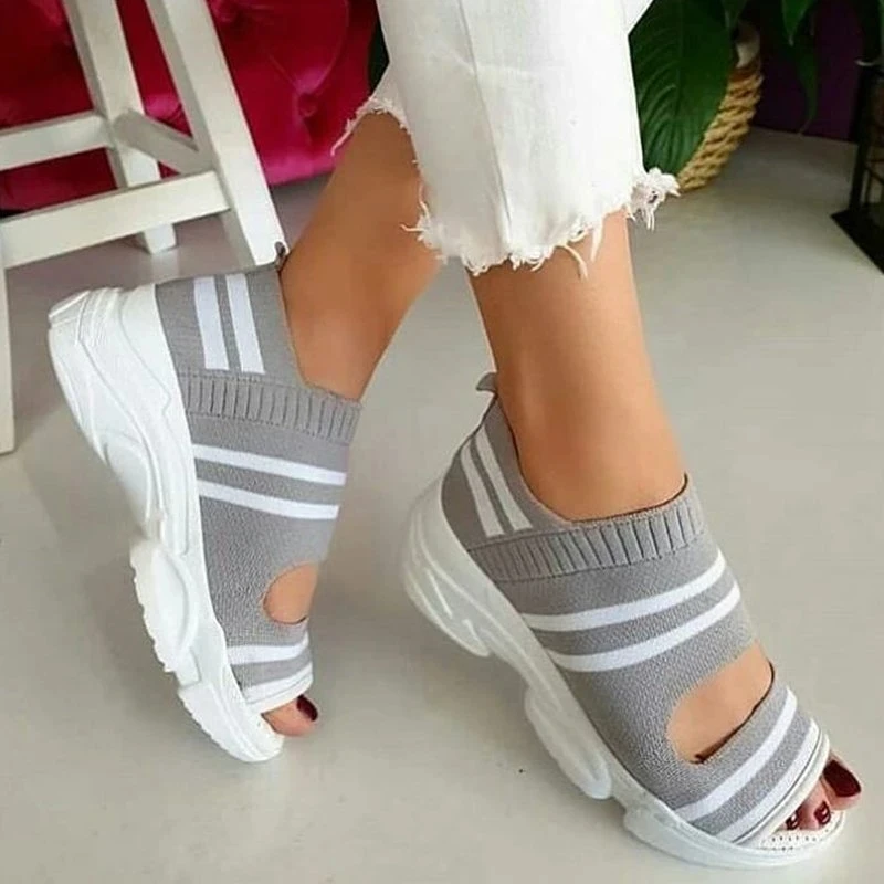 New Women Sandals 2024 High Heels Platform Women Shoes Summer Casual Female Sneakers Knitting Slip On Peep Toe Women Sandals