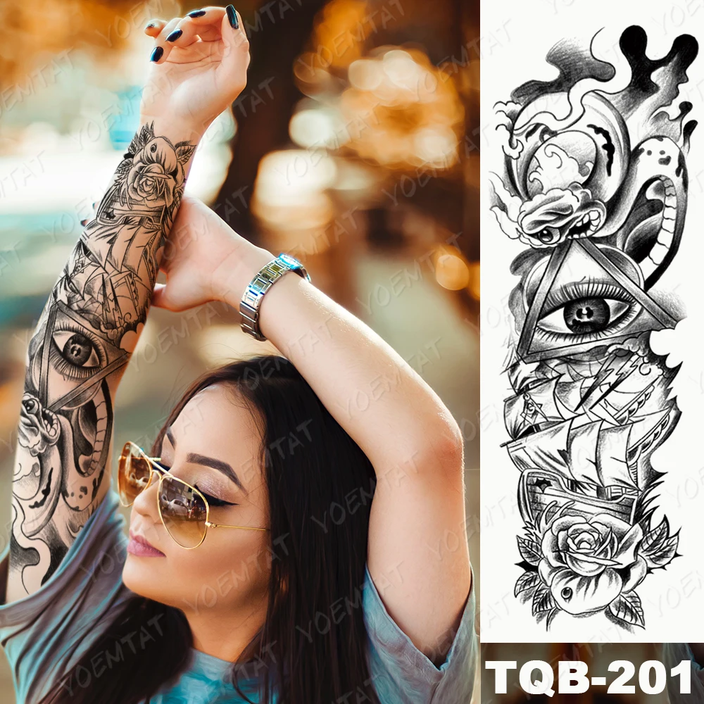 Large Arm Sleeve Tattoo Bird Crow Forest Moon Waterproof Temporary Tatto Sticker Lion Wolf Clock Body Art Full Fake Tatoo Men