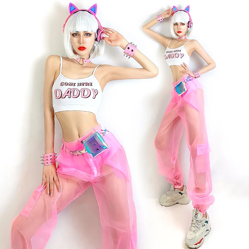 Hip Hop Street Dance Practice Wear Bar DJ Dancer Costume Vest Mesh Trousers Rave Outfit Female Gogo Jazz Dancing Wear YS2209