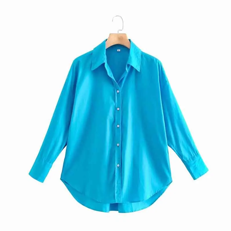 New Women Simply Candy COlor Single Breasted Poplin Shirts Office Lady Long Sleeve Blouse Chic Chemise Tops