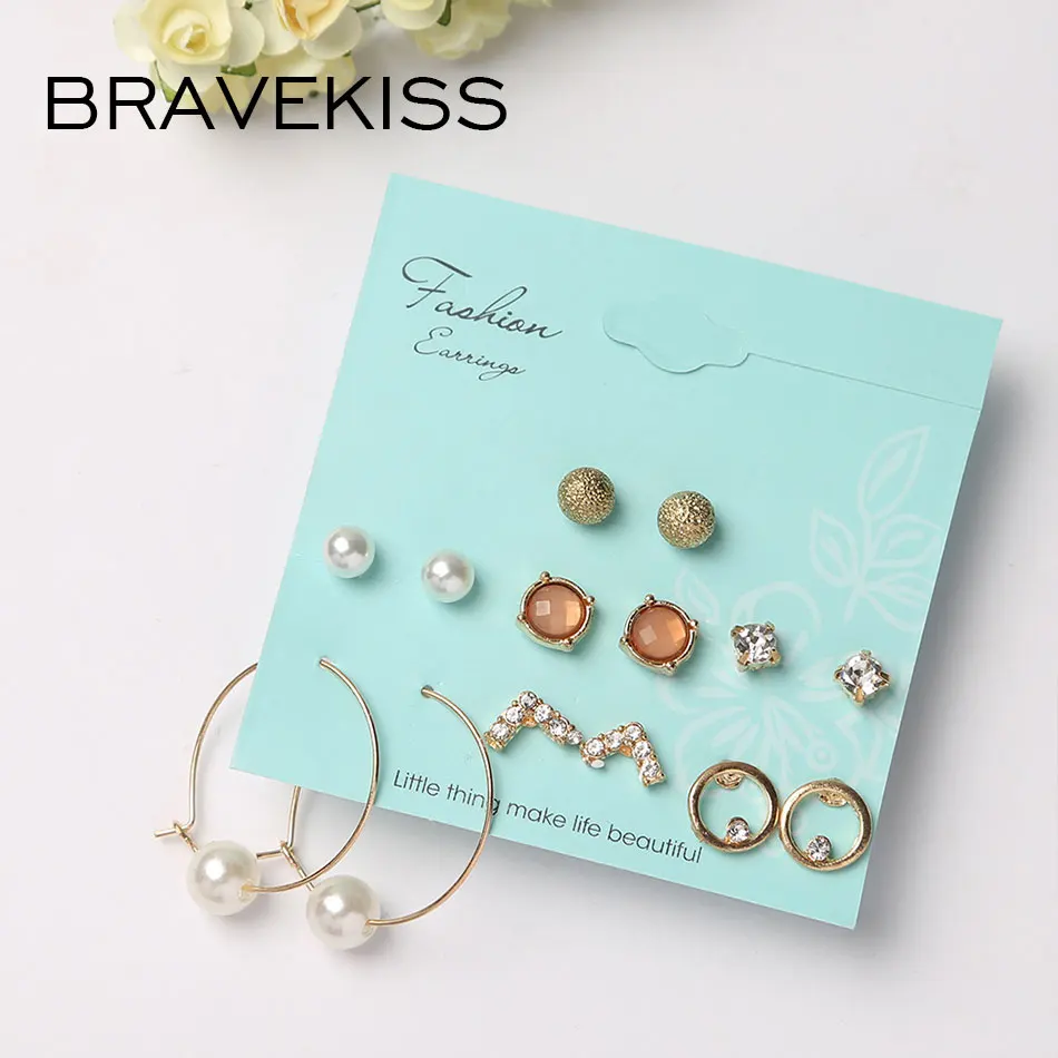 BRAVEKISS Small Pearl Round 7 Pairs Earring Set CZ Retro Stud Earrings Fashion Jewelry for Women accessories Gothic style PE1513