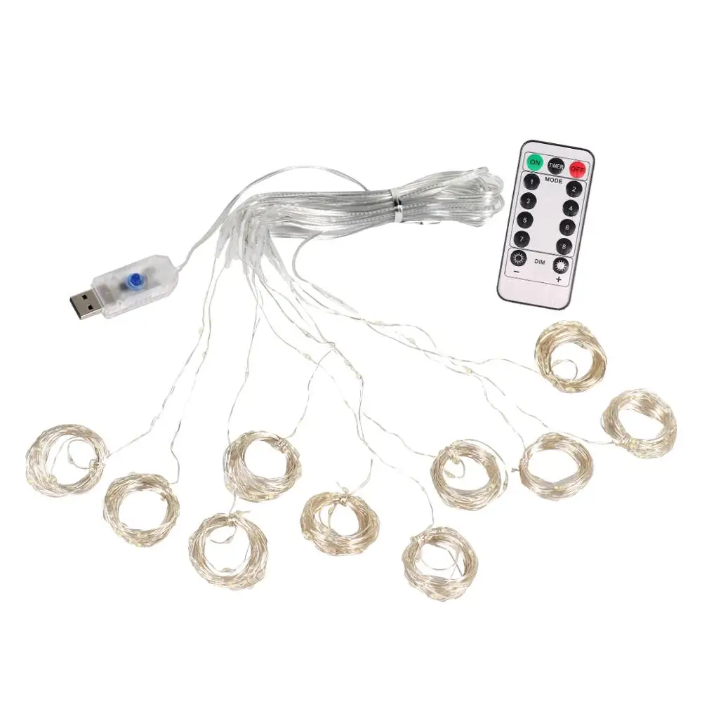 LED Curtain String Lights Fairy Copper Wire Light USB Powered Waterproof Garland 8 Modes Remote Control For Xmas Bedroom Decor
