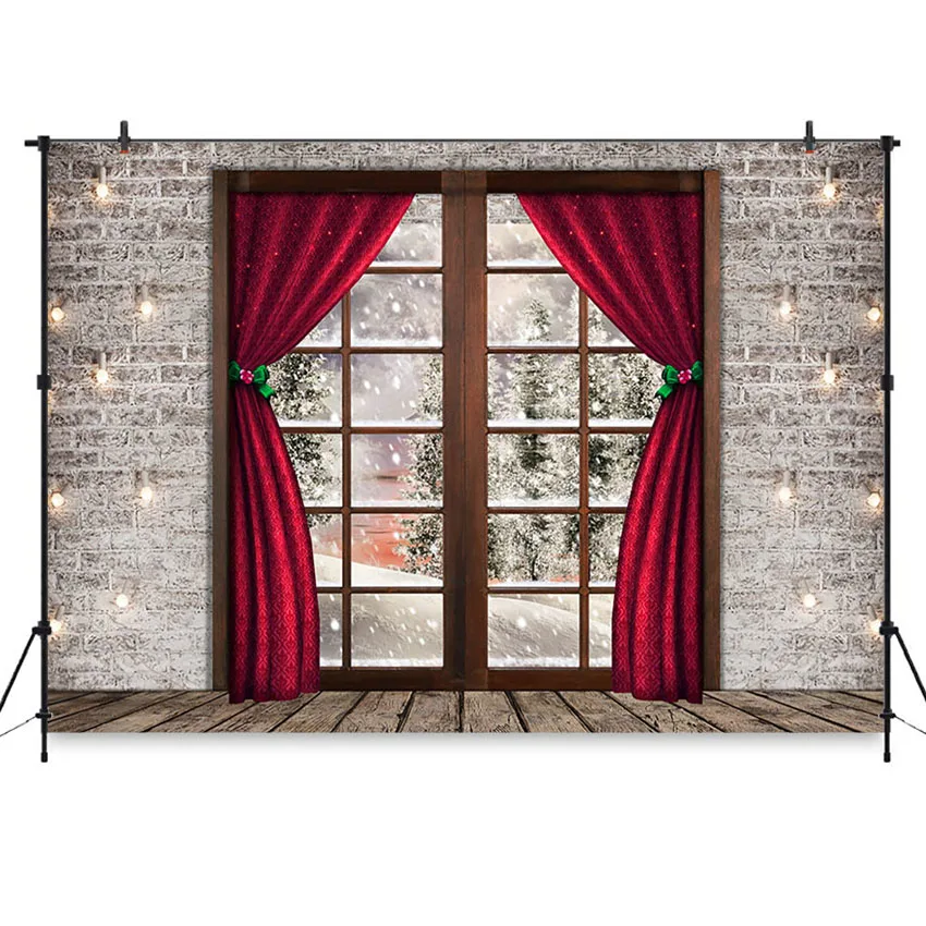 

Winter Window Snow Scene Photography Backdrops Christmas Decoration Gray Brick Wall for Family Photographic Background Studio