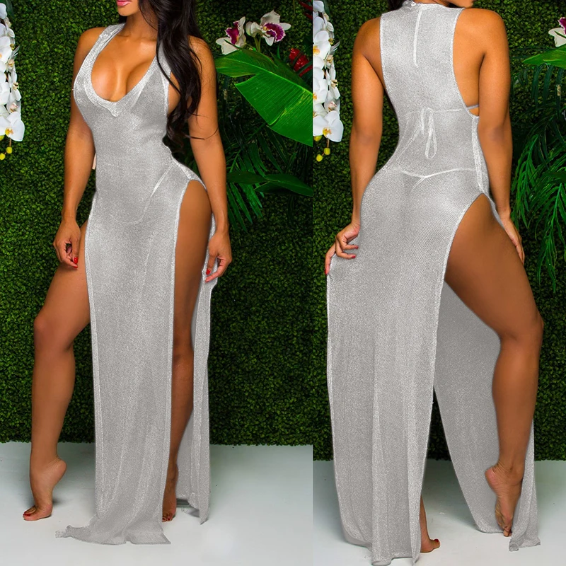 Vrouwen Sexy Zomer Mesh Pure Strand Maix Jurk Mouwloze V-Hals Kant Split Veters Effen Gesplitst Bikini Cover-Ups Vestidos 2024