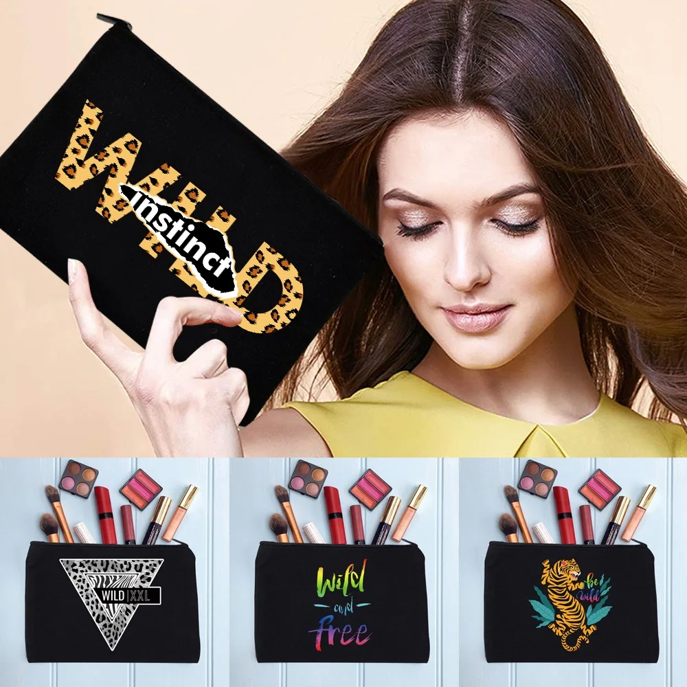 

Cosmetic Makeup Bag Wild Pattern Pencil Cases Female Handbags Black Zipper Universal Travel Toiletry Bags Women's Bag