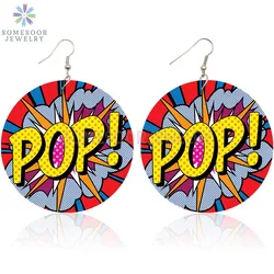SOMESOOR POP LOL WOW Comic Bubble Printed Wood Drop Earrings Cool Queen Hiphop Cartoon Designs Dangle Jewelry For Women Gifts