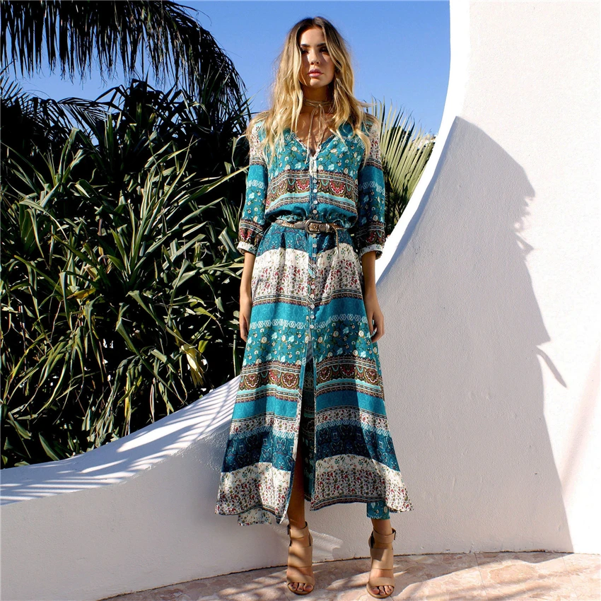 S-5XL Bohemia Maxi kobieta sukienka z nadrukiem kobieta Sexy dekolt lato plaża Vestidos kobiety luźny z kwiatowym motywem Retro długie sukienki na