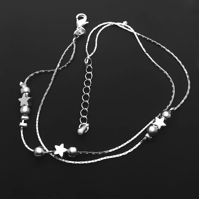 New Sexy Barefoot Jewelry Silver Plated Bracelet With Star Beads Double-deck Anklet For Women Silver Color Foot Bracelet Jewelry