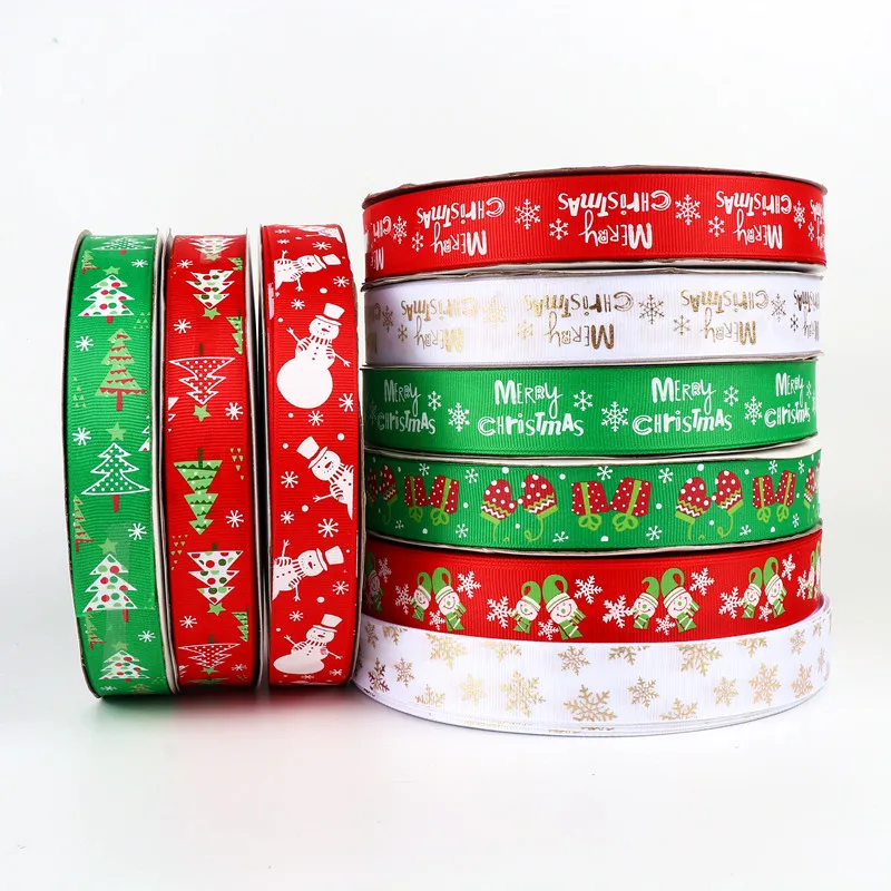 5yards 25mm Wide Grosgrain Christmas Ribbon Red Green Printed White Snowflake Grosgrain Ribbon Gift Ribbons Christmas Decoration