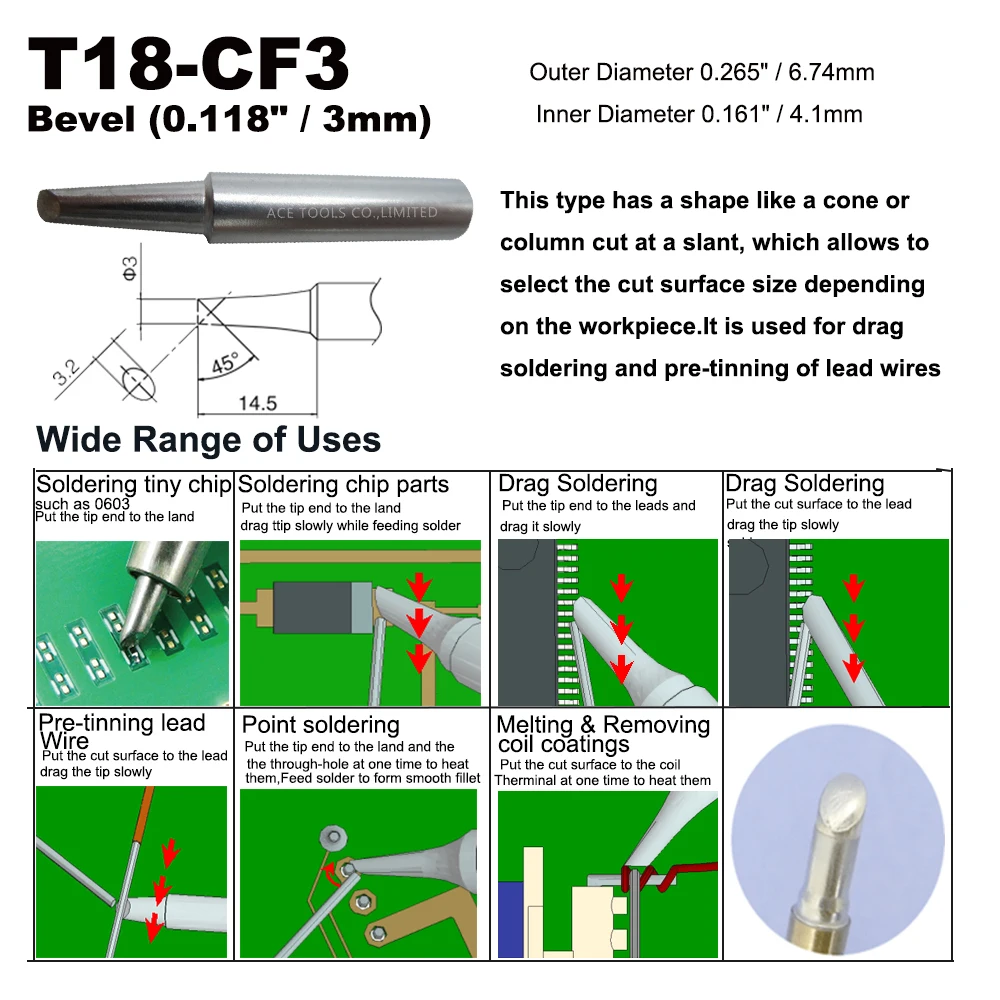 Punta de soldadura T18-CF3 cónica, 3,0mm, ajuste HAKKO FX-888, FX-888D, FX-8801, boquilla de hierro sin plomo, mango de lápiz