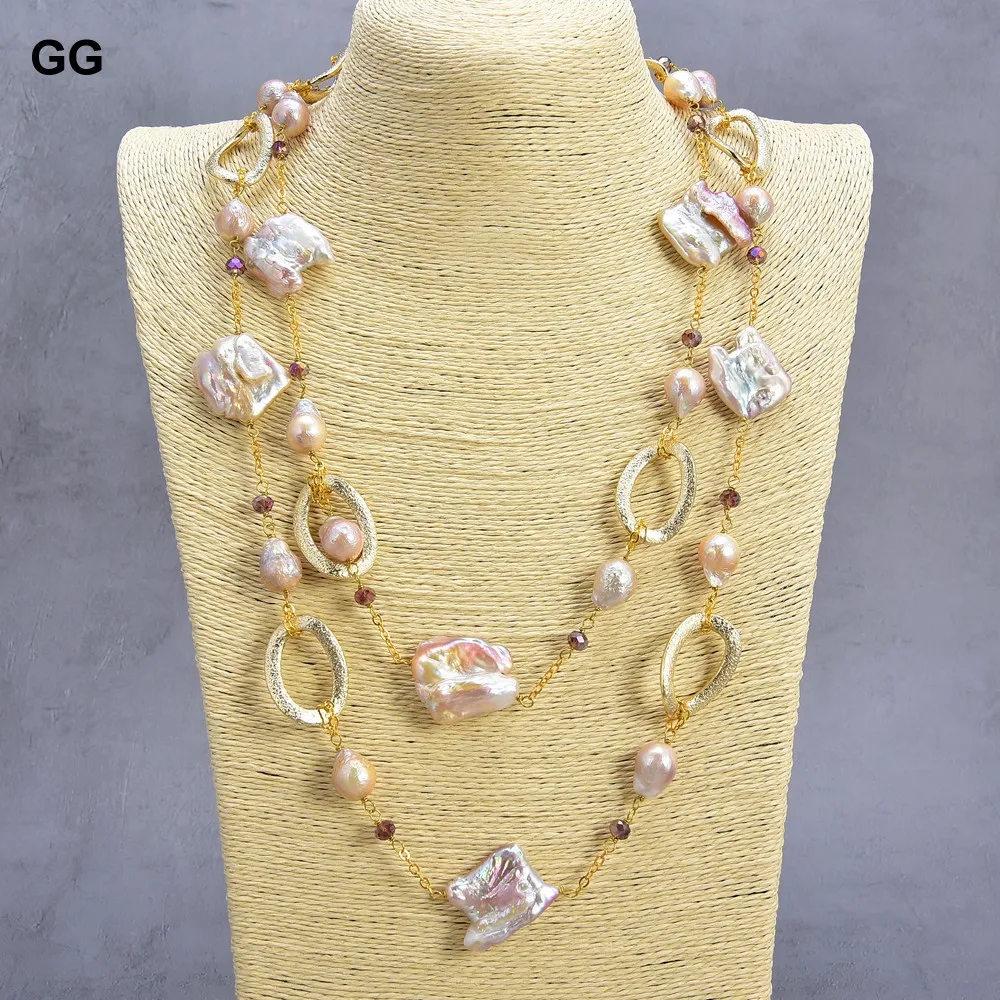 

GuaiGuai Jewelry Natural Pearl 48'' 20x30MM Pink Purple Keshi Pearl Crystal Chain LongNecklace