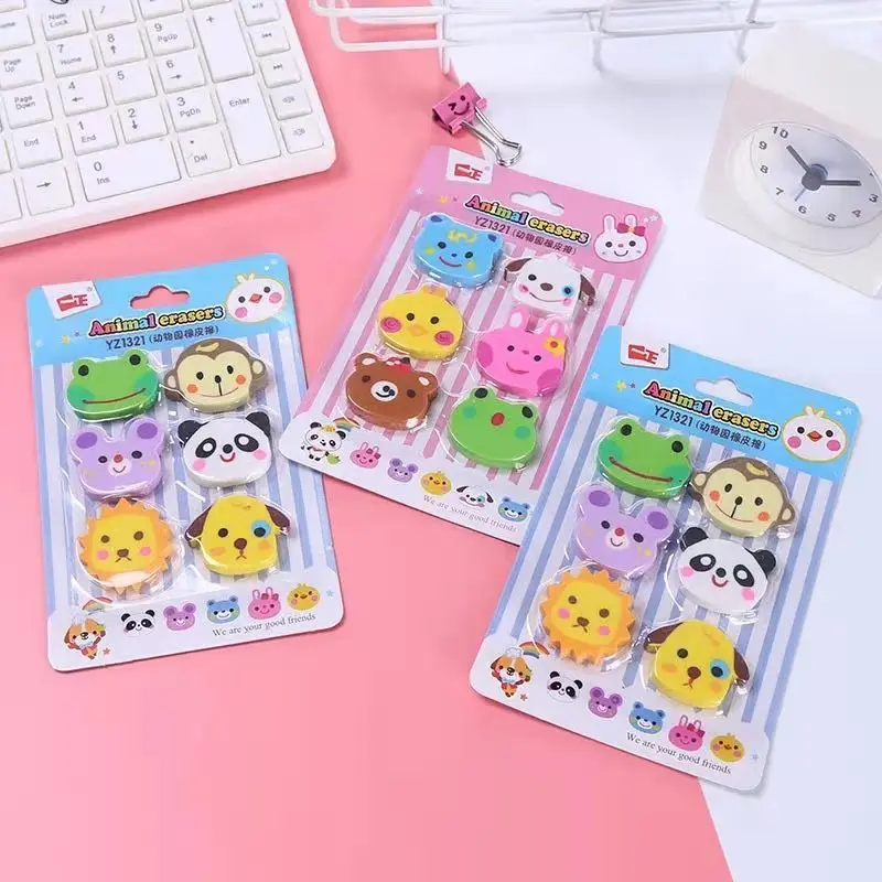 6 pcs/pack Creative Lovely Design Cartoon Mini Erasers Students And Children Small Prizes Stationery Rubber Set School Supplies