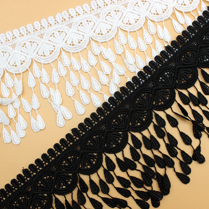 Cotton Tassel Fringe Embroidered Lace Trim Ribbon Fabric, Handmade Sewing Supplies, Craft Gift, White and Black, 1 Yard