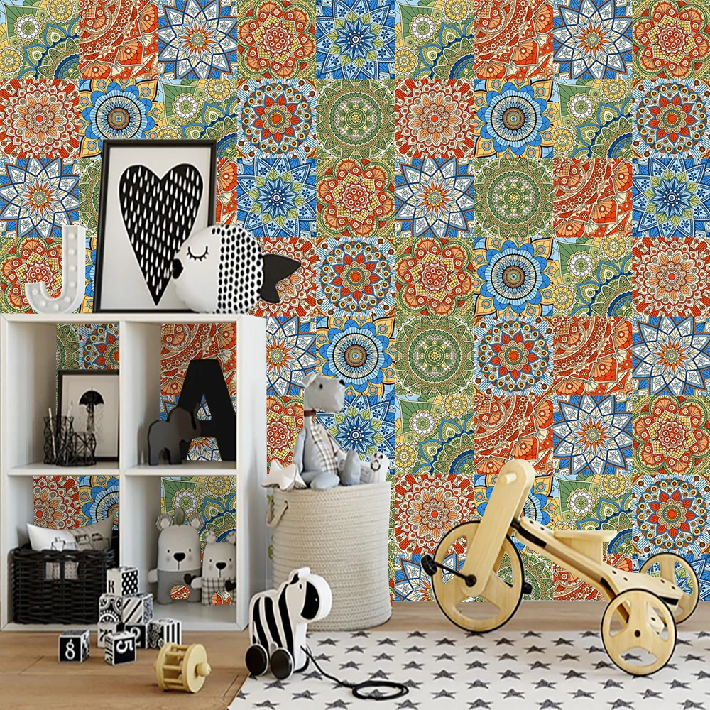 10pcs Mandala Pattern Tile Wall Stickers Home Decoration Waterpoof Peel&Stick PVC Art Mural For Kitchen Bathroom Floor Wallpaper