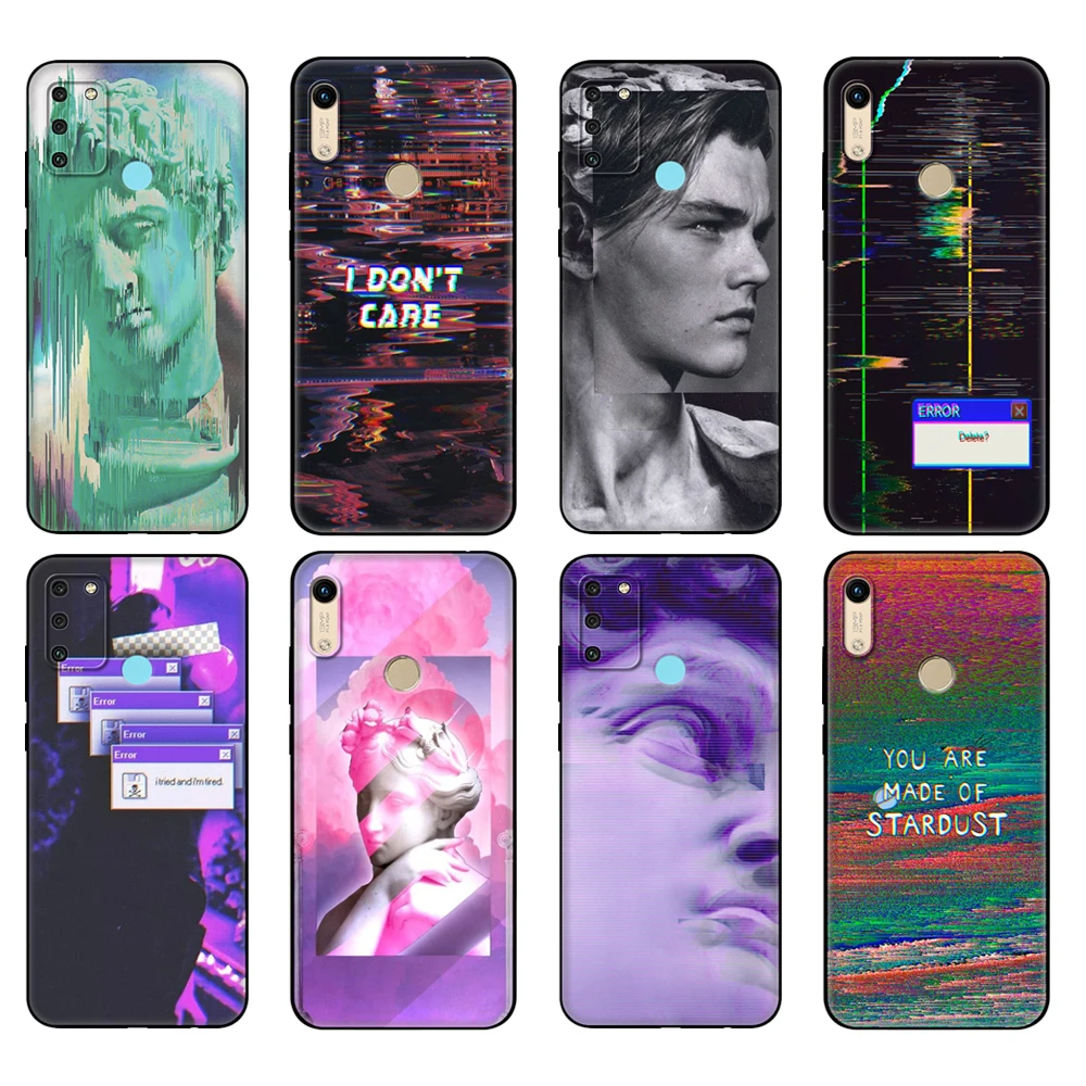 Black tpu Case For Huawei Honor 8a Prime 8s Prime 9 Lite honor 9A 9C 9X Premium 9x Pro 9S Case Cover Glitch vaporwave modern art