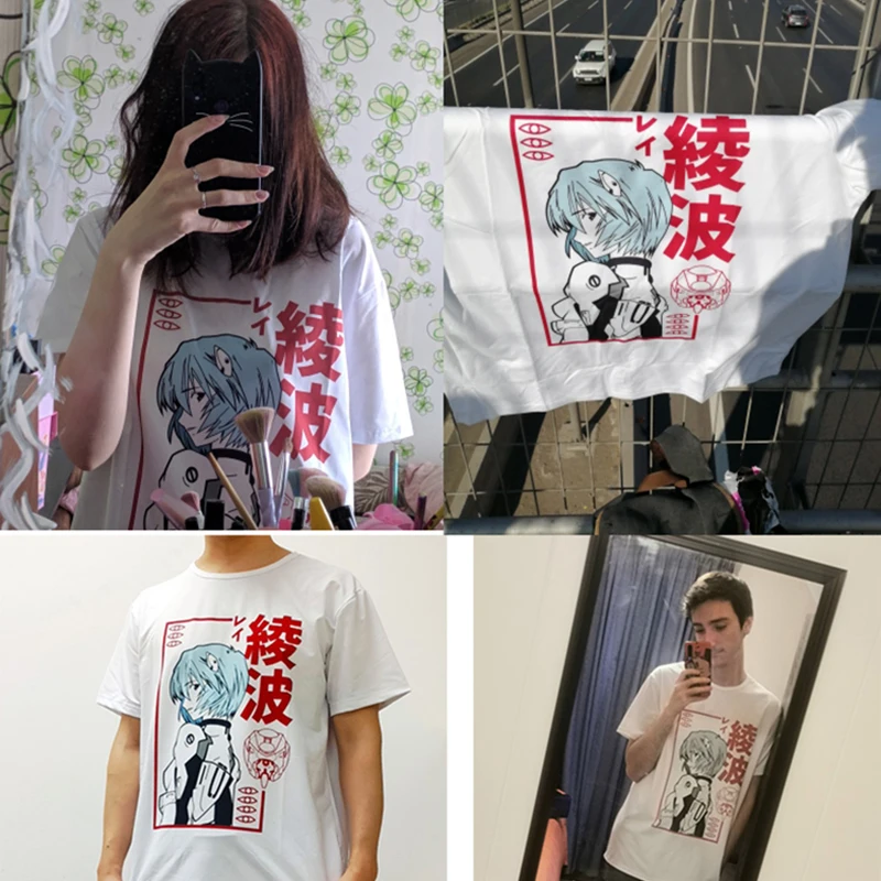 JAPAN Ayanami Rei Ikari Yui Funny Anime T Shirt Men White Casual Short Tshirt Homme EVA Manga Unisex Harajuku Streetwear Tee