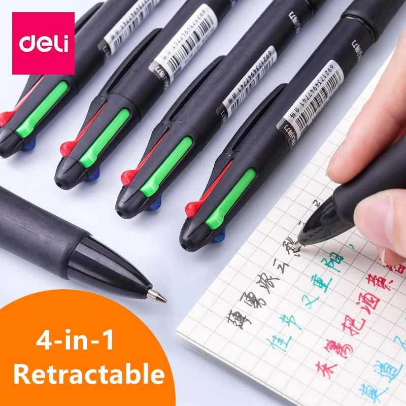 Deli Multicolor Pens 4-in-1 Retractable Ballpoint Pens 4 Vivid Colors Ball Pen Best for Smooth Writing