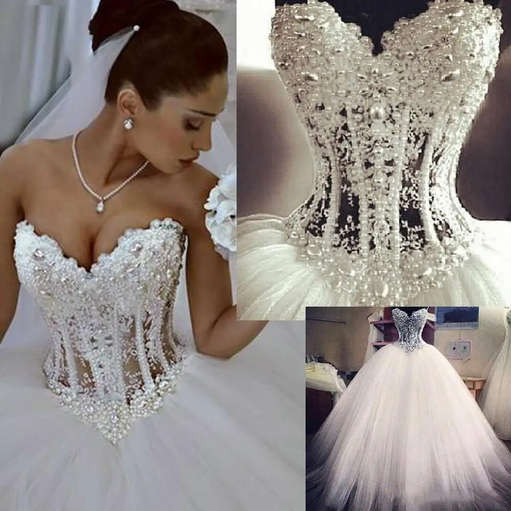 Customized Ball Gown Wedding Dresses Sweetheart Beaded Crystal Tulle Bling Wedding Gowns Lace-Up Back Custom Made Dress Arabic