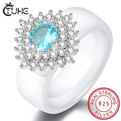 Fashion Crystal Engagement Claws Design Hot Sale Rings For Women AAA Blue White Zircon Cubic Elegant Ceramic Rings Female Gift