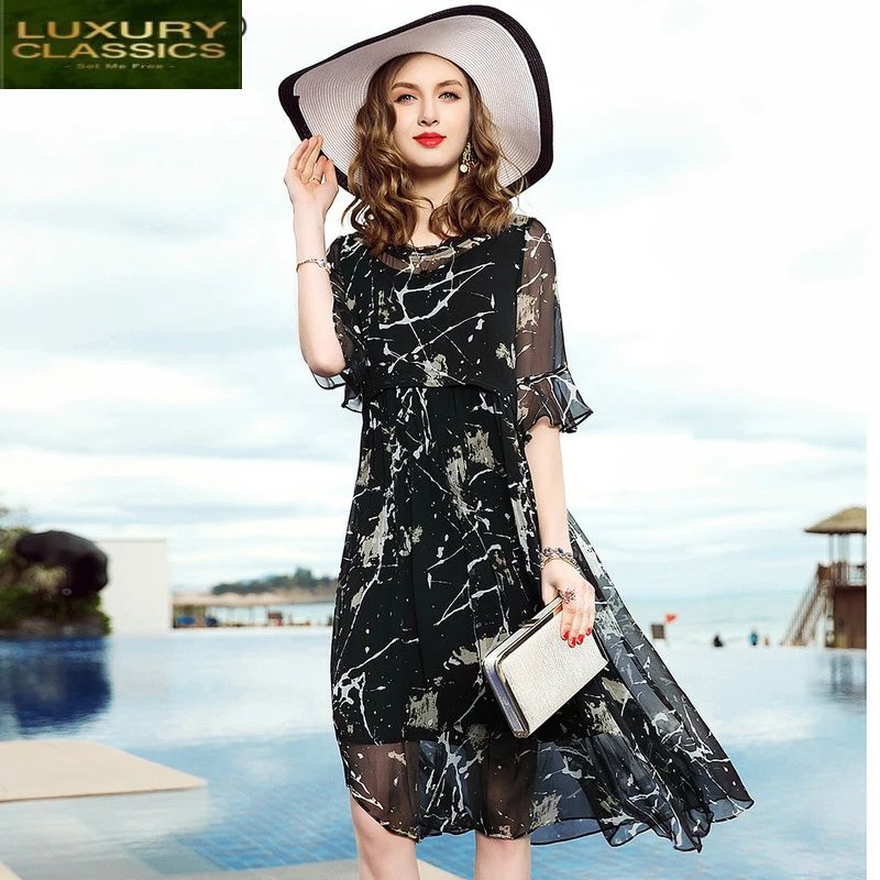 

Dress Silk 100% Real Women Summer Beach Dress Midi Floral Print Black Party Dresses Elegant Vestidos De Festa LWL1828