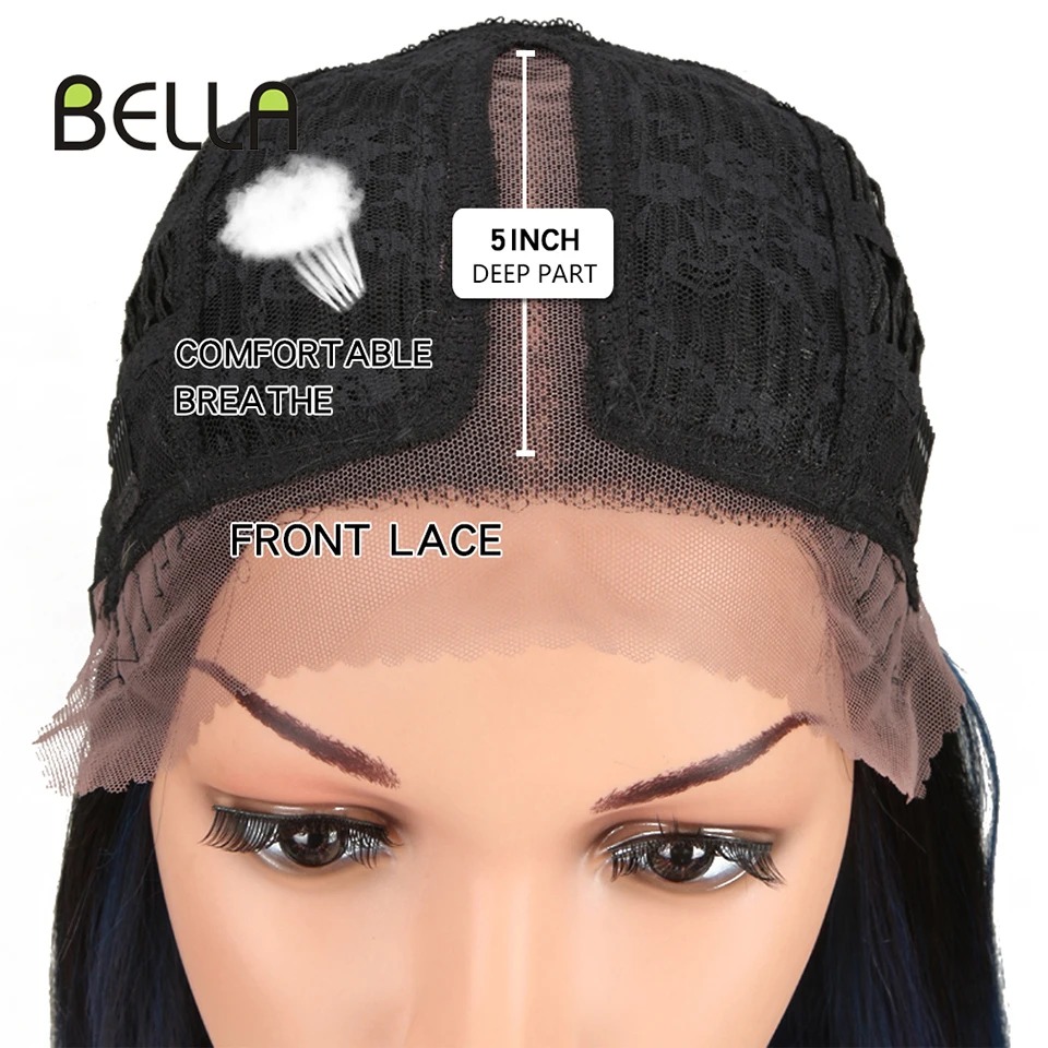 Bella-Peluca de cabello sintético resistente al calor para mujer, pelo liso con parte en T, degradado, Rubio, rosa, Morado, Blac, 7 colores, 20 pulgadas