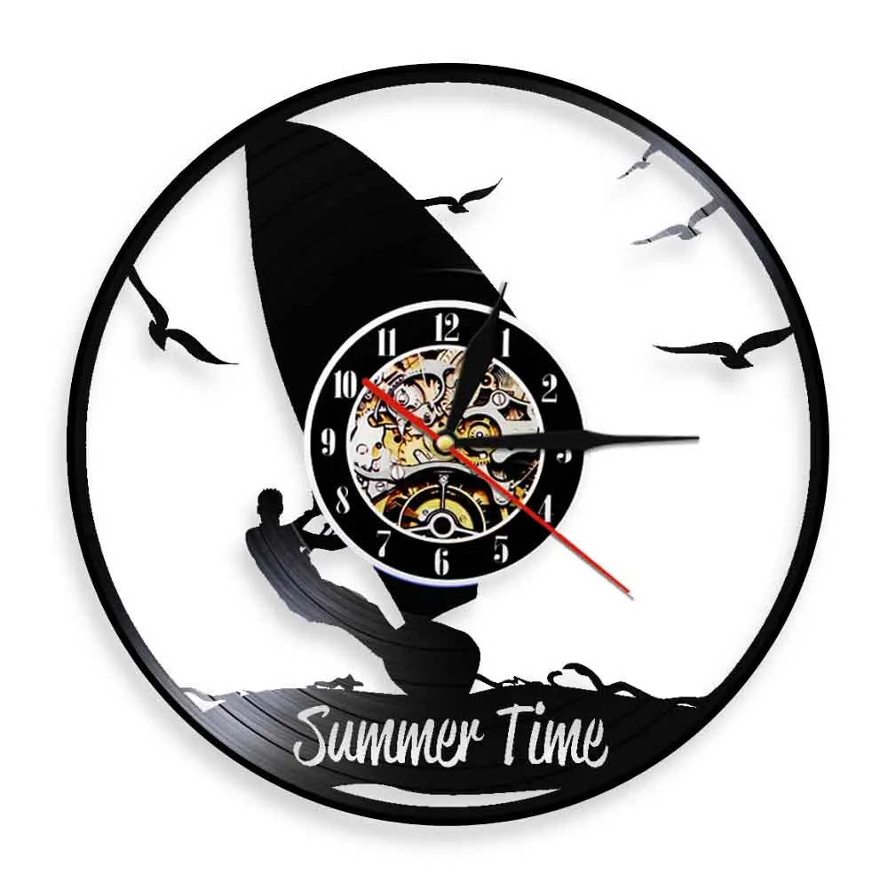 Summer Time Surfing Wall Clock Windsurfing Vinyl Record Wall Clock Modern Design Surfing Sport 3D Watch Gift For Surf Lover