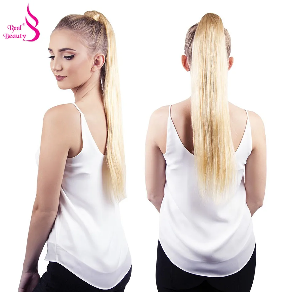 Real Beauty Ponytail Human Hair Clip In Straight European Wrap Around Long Ponytail Clip In 100% Remy Human Hair Extensions